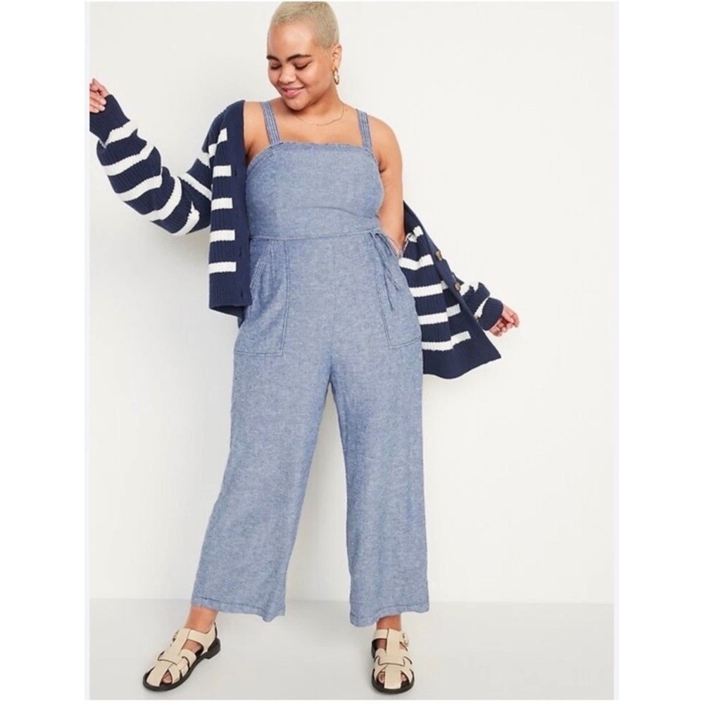 Old Navy Womens Blue Linen Blend Wide Leg Sleeveless Jumpsuit Size S New